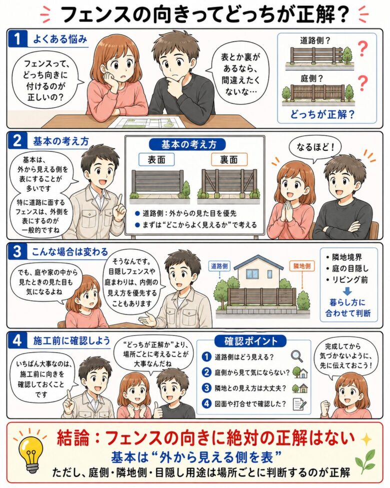 フェンスの向きの考え方を説明した4コマ漫画