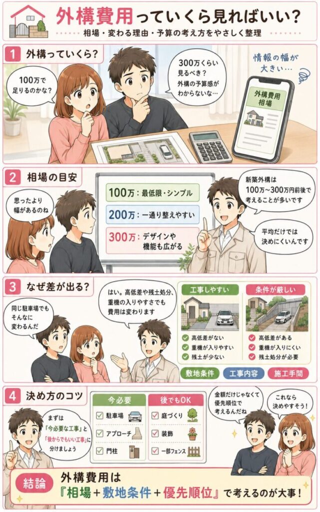 外構費用はいくら見ればいい？4コマ漫画