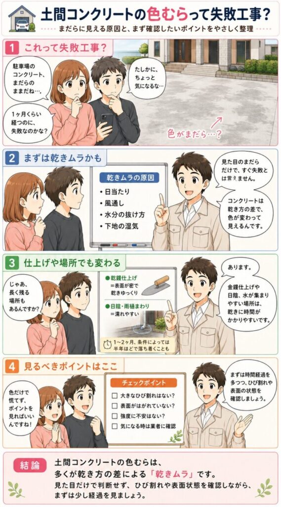 コンクリートの色ムラについての説明(４コマ漫画)