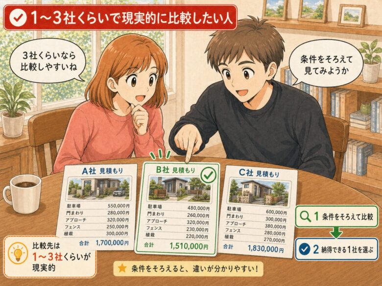 3つの外構見積もりを見ながら検討している夫婦