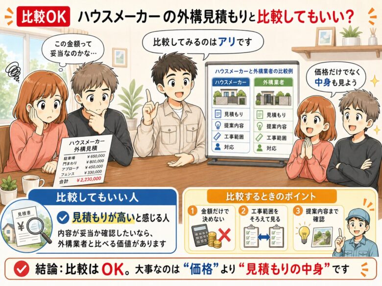 ハウスメーカーの見積もりと他の外構業者の見積もりは比較してもいいことを説明する図解