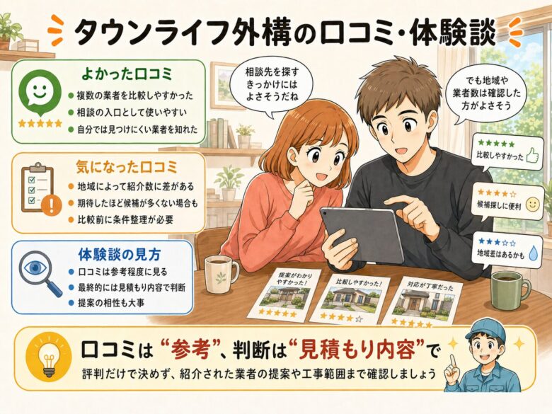 タウンライフ外構の口コミ・体験談を内容を説明したイラスト