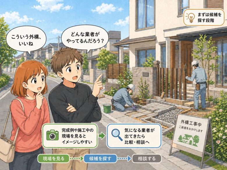 散歩しながら、近所の外構工事をみている画像