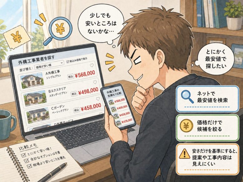 インターネットで最安値の外構を検索する夫