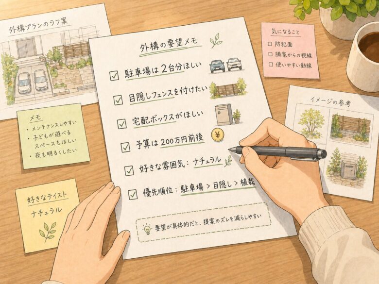 外構工事の要望を紙にまとめている状況
