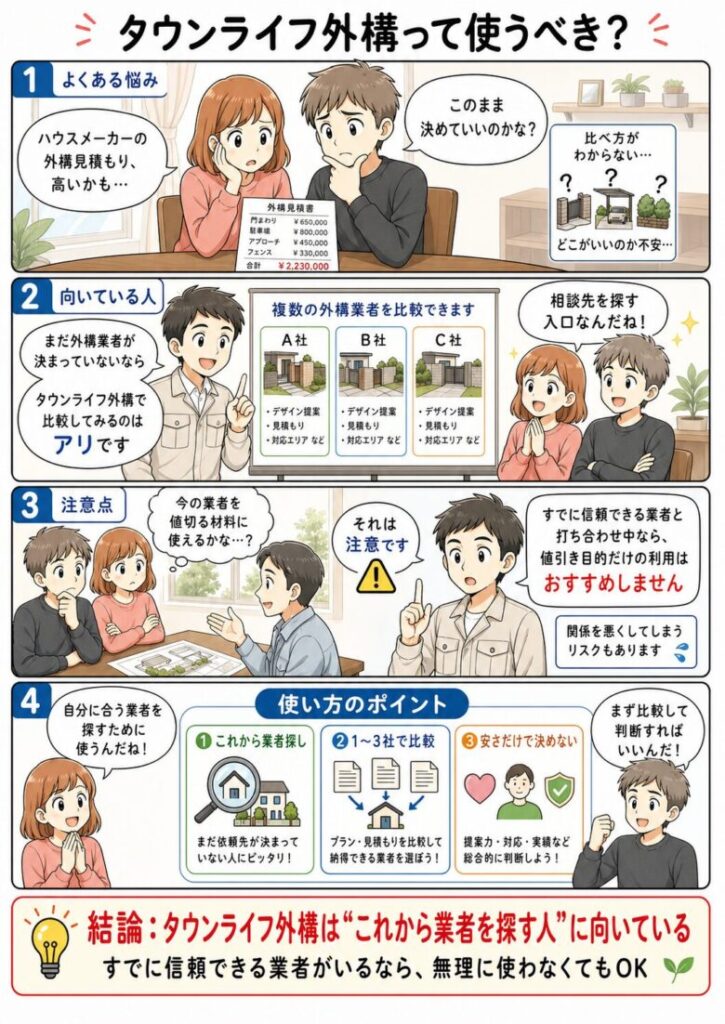 タウンライフ外構の使い方のポイントをまとめた4コマ漫画
