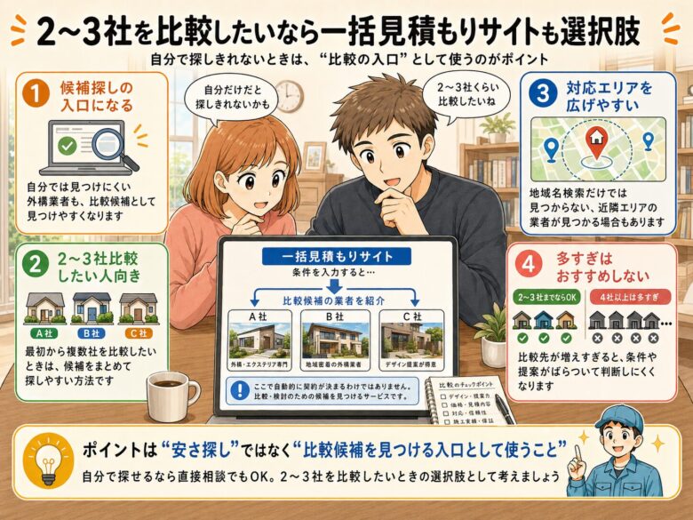 複数の業者に相談したいなら一括見積もりサイトも選択肢になる。図解