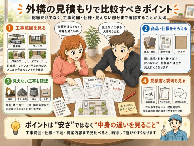 外構の相見積もりで比較すべきポイント。図解