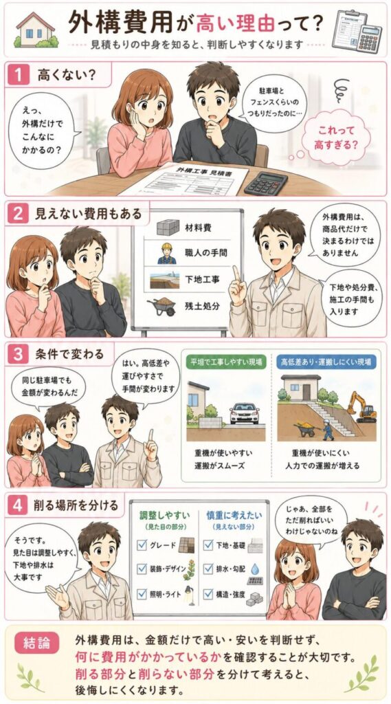 外構費用が高い理由を説明する4コマ漫画