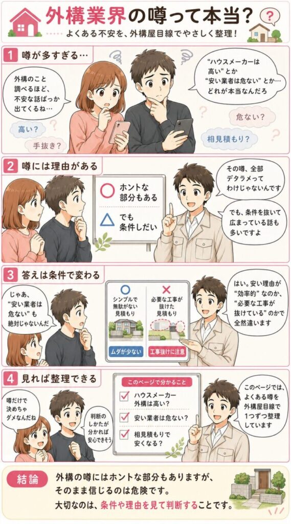 外構の噂についての扱い方を説明した4コマ漫画
