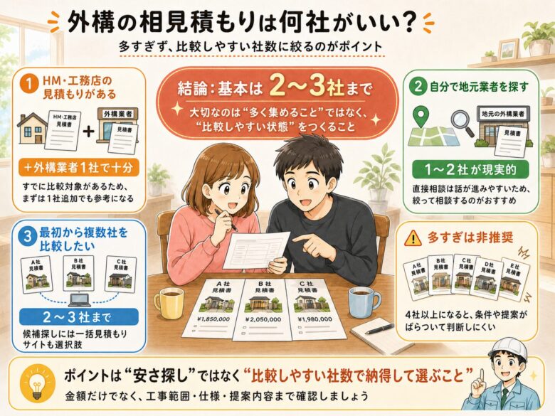 外構の見積もりは2～3社がいいことを説明する図解