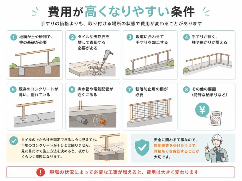 手すりの費用が高くなりやすい条件の図解
